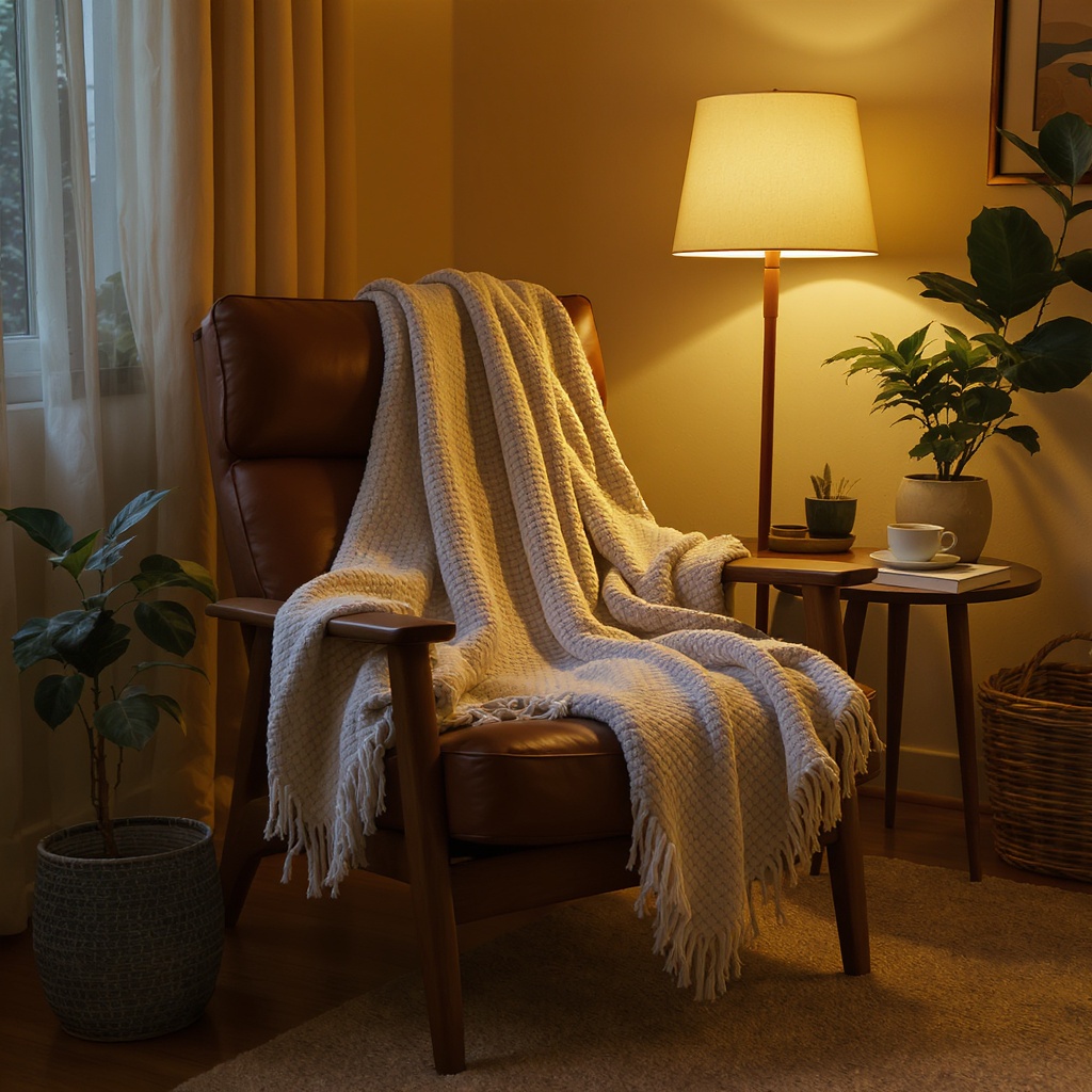 Cozy reading nook with mid-century modern armchair and woven throw