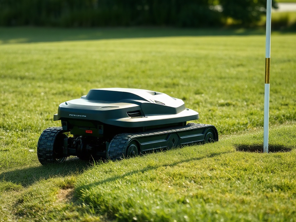 Utility-styled robotic mower cutting tall fescue rough