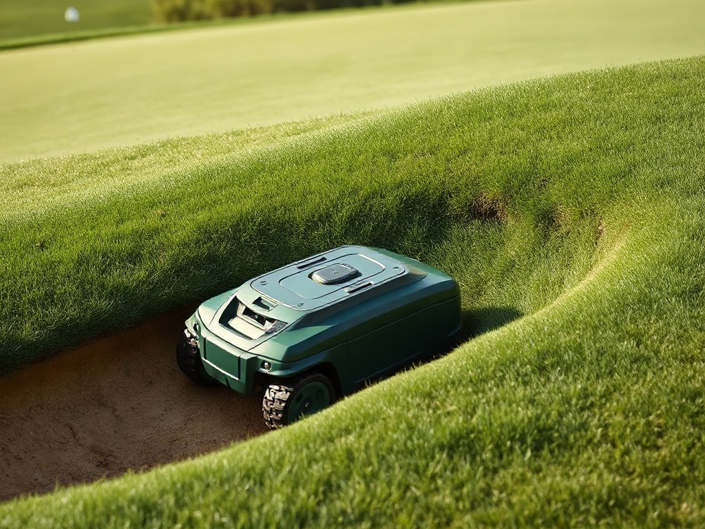 AWD robotic mower descending a sloped bunker face collar