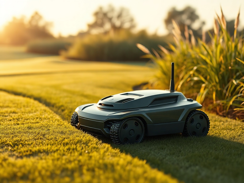 Robotic mower trimming a fairway edge under an RTK boundary