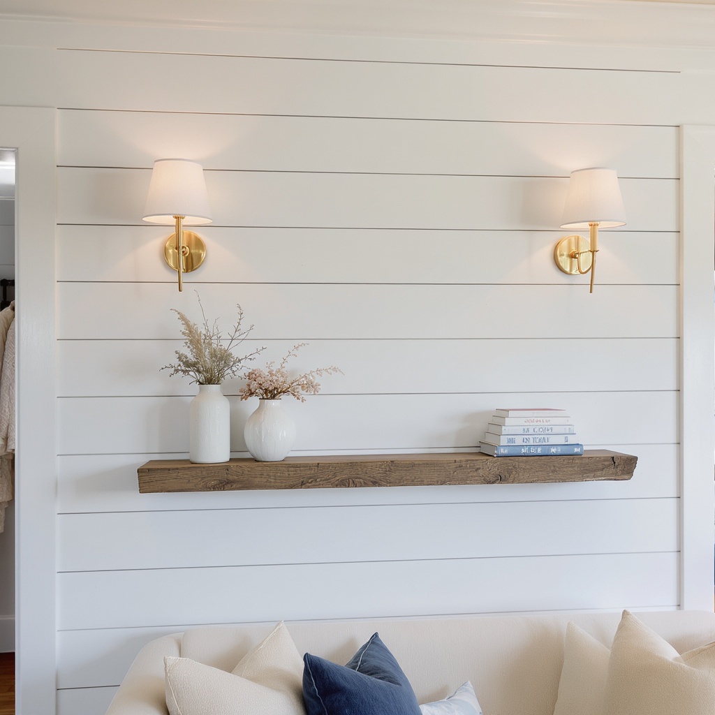 Coastal shiplap with brass sconces — concept reference