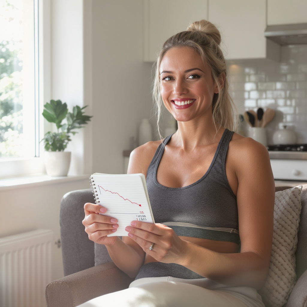 Woman looking motivated, wellness journal open in front of her, morning sunlight, confident expression