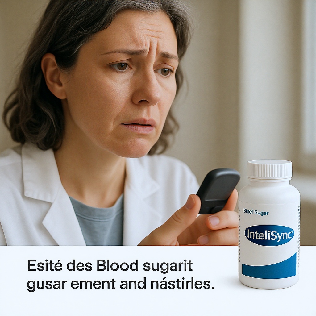 IntelliSync blood sugar support supplement — woman checking glucose monitor with IntelliSync bottle