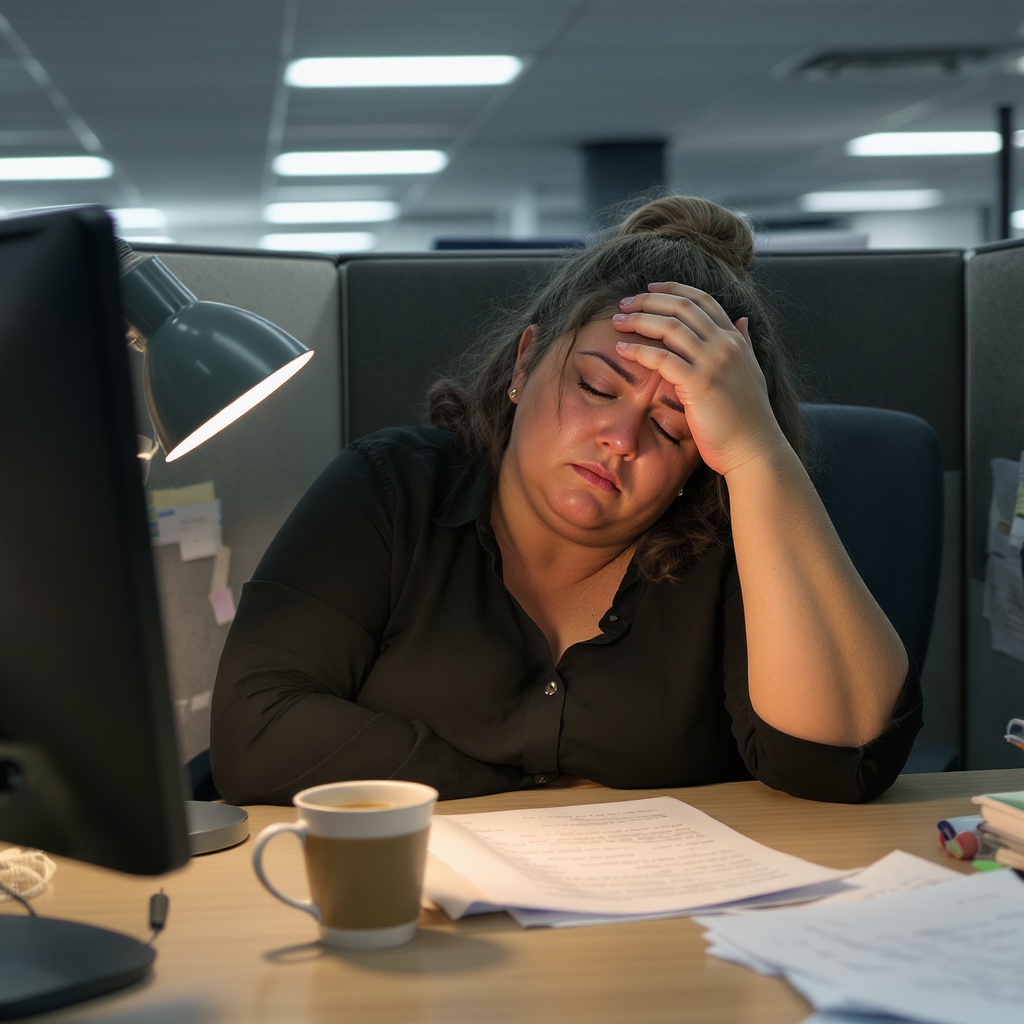 Exhausted woman office worker slumping at desk at 3pm, energy crash, tired stressed expression