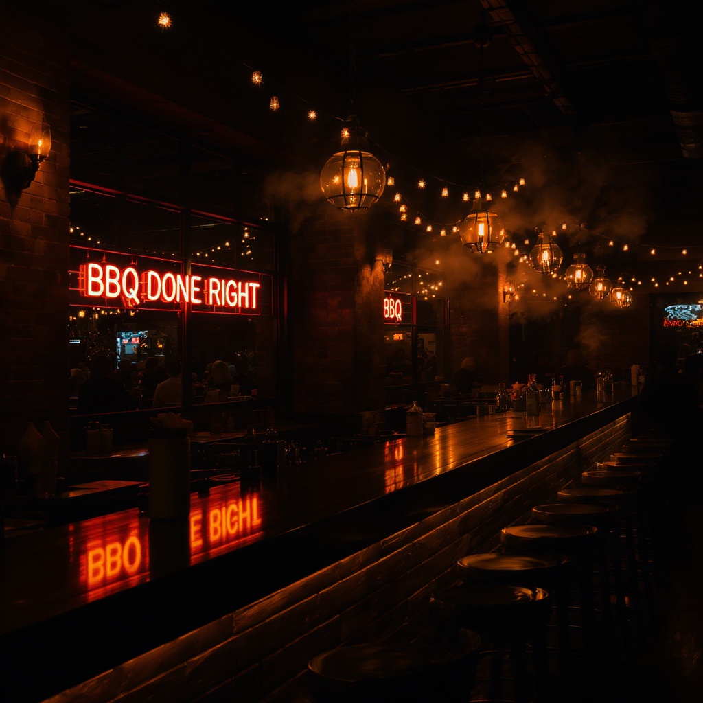 Upscale BBQ restaurant interior — warm amber lighting, exposed brick, a long wooden bar