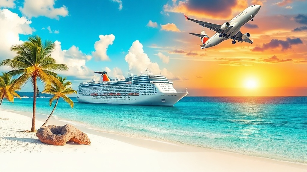 Tropical vacation destination — cruise ship, beach, and palm trees