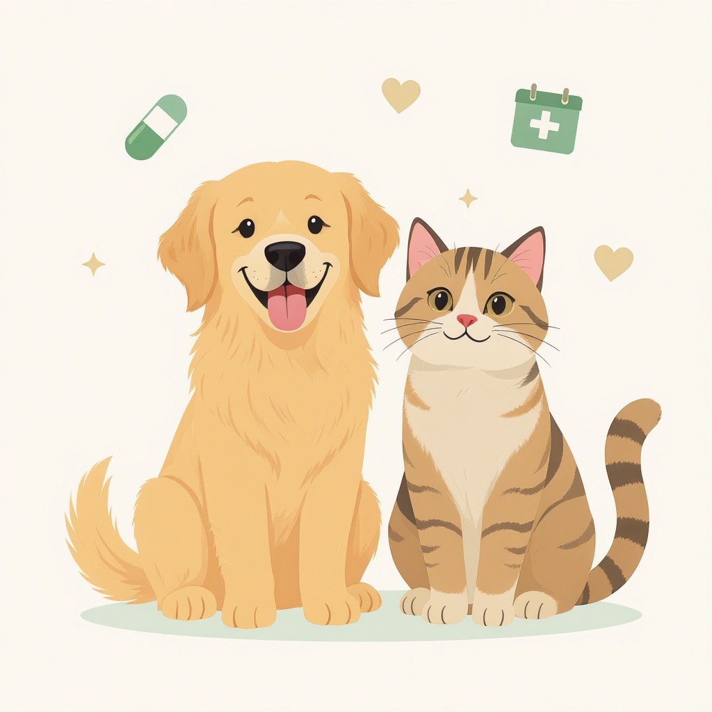 Happy pets — dogs and cats with health icons