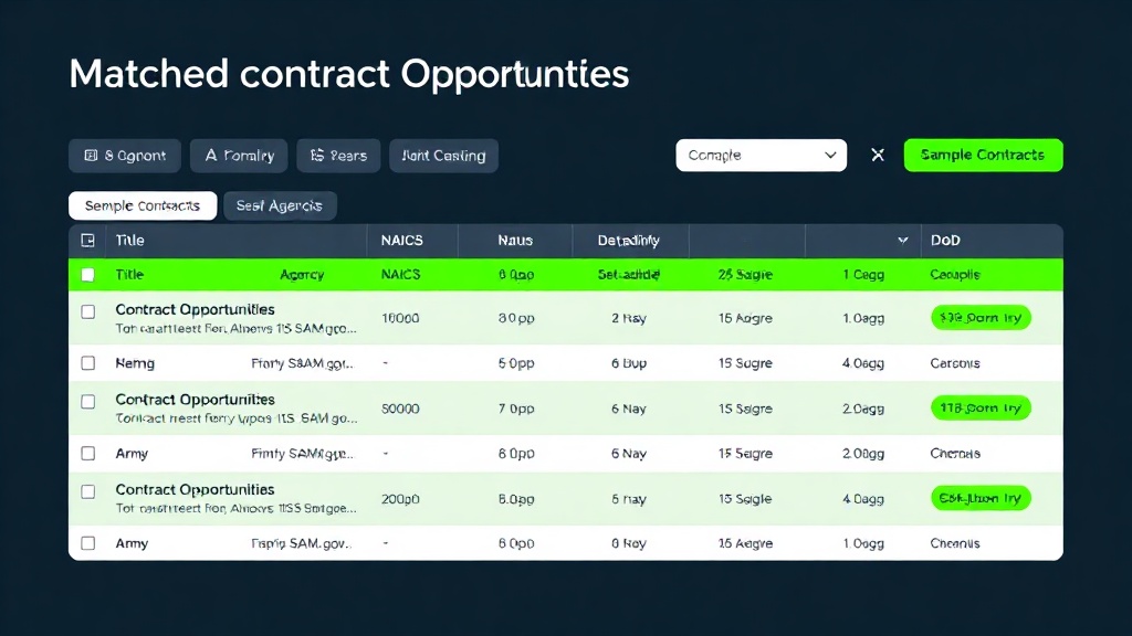 Dashboard showing matched federal contract opportunities with agency, NAICS, set-aside, and deadline columns