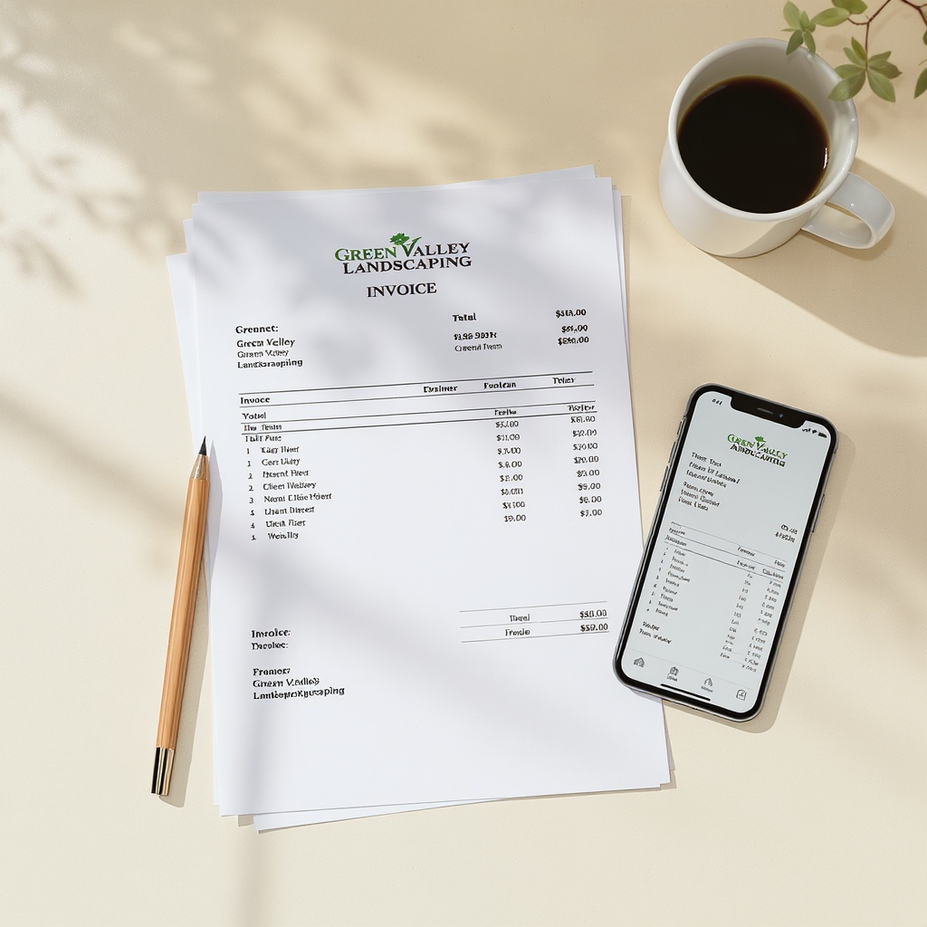 Professional landscaper invoice document on a warm surface with a phone showing the same template