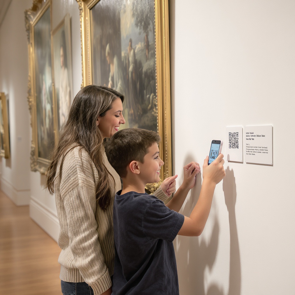 Une mère et son fils scannant un QR code à côté d'une œuvre dans un musée