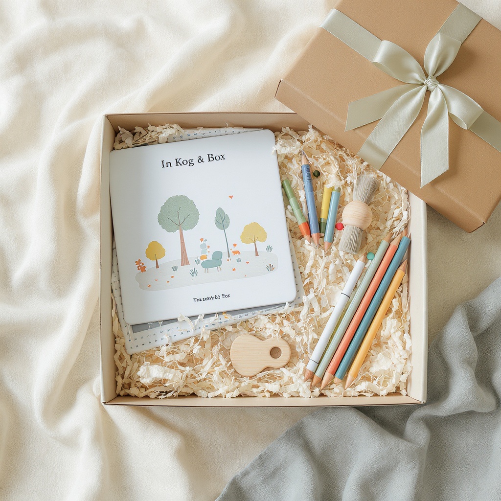 A warm, premium flat-lay of Little Roar Social activity boxes with sage and dusty blue accents on natural linen