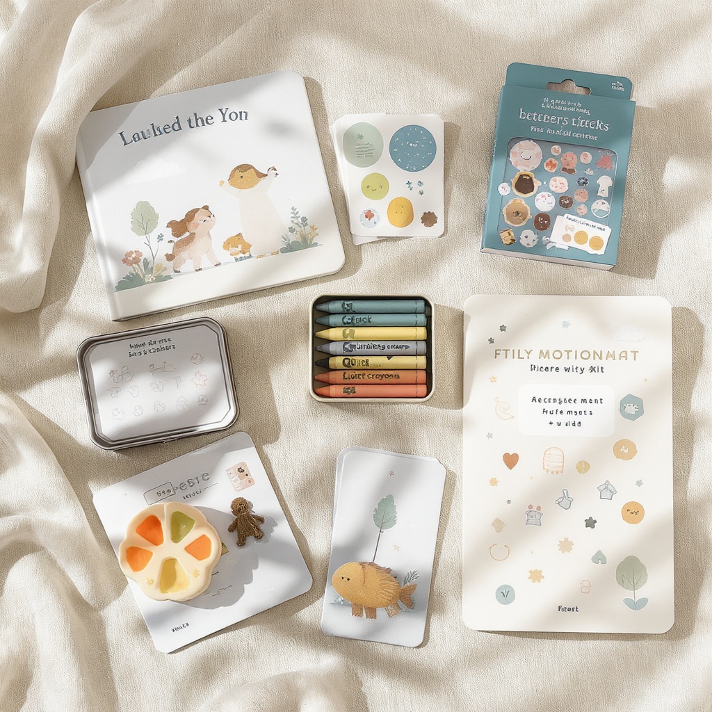 The Restaurant Survival Kit contents — board book, sticker scenes, crayons, matching cards on natural linen
