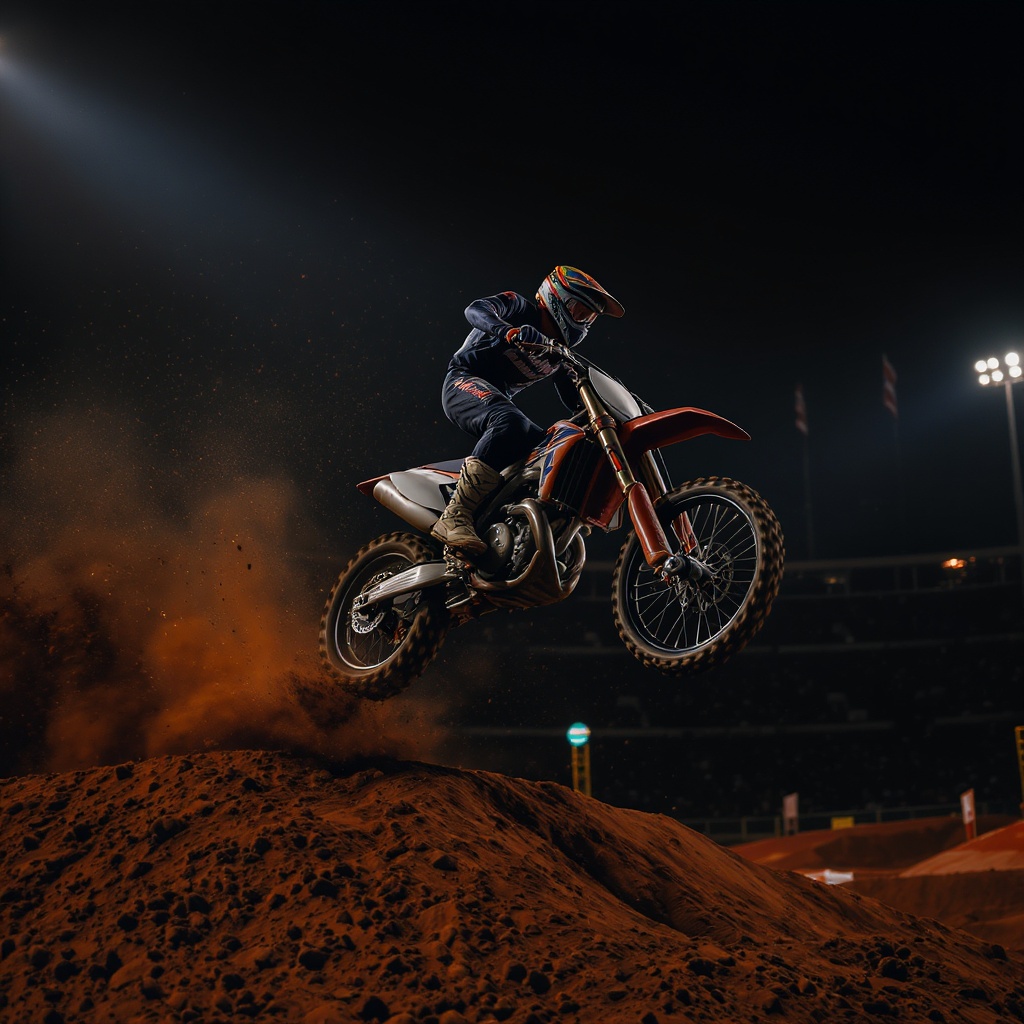 Motocross rider in mid-air at night