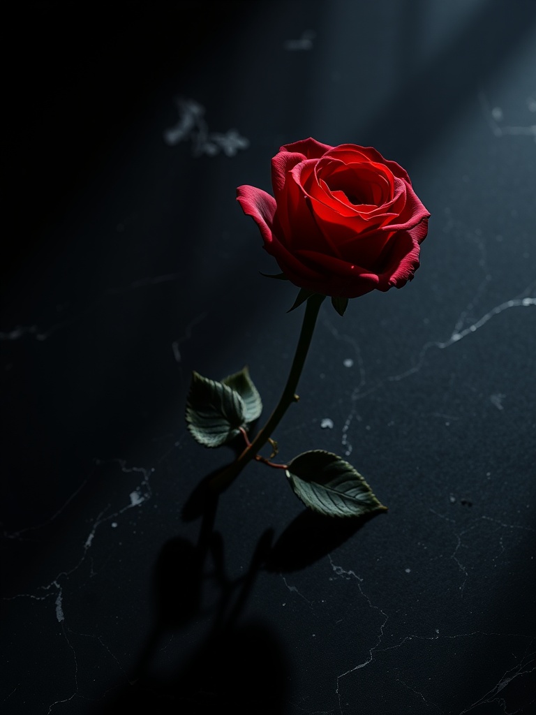 Single red rose stem, dark minimal editorial