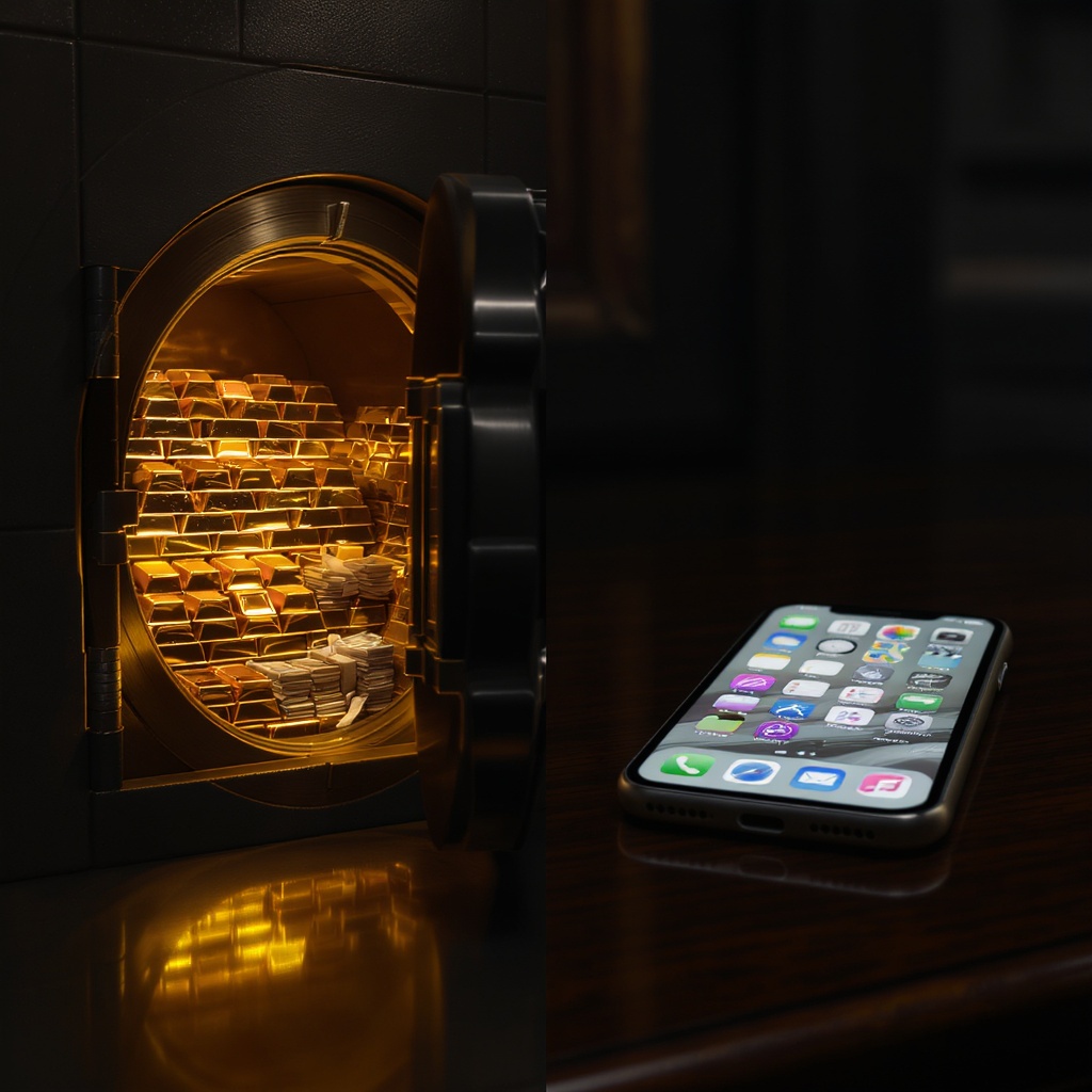 Open vault full of gold beside an unlocked iPhone on a mahogany desk — the contrast that defines your digital exposure