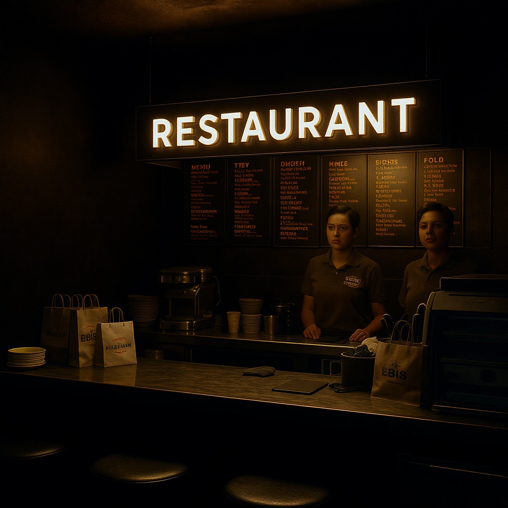 Restaurant interior with branded signage, staff shirts, and menu boards