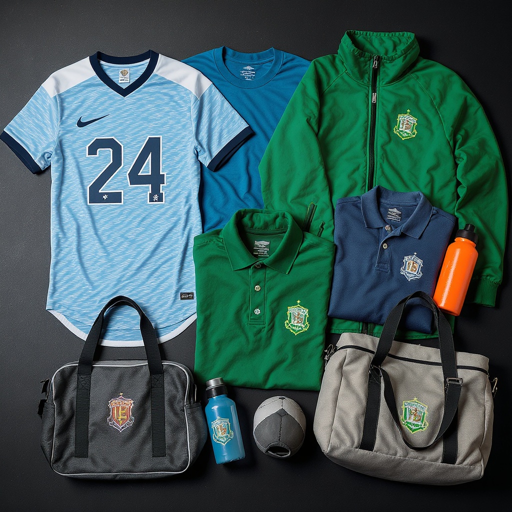 Youth sports team gear — jerseys, warmups, parent shirts, hats, bags, water bottles