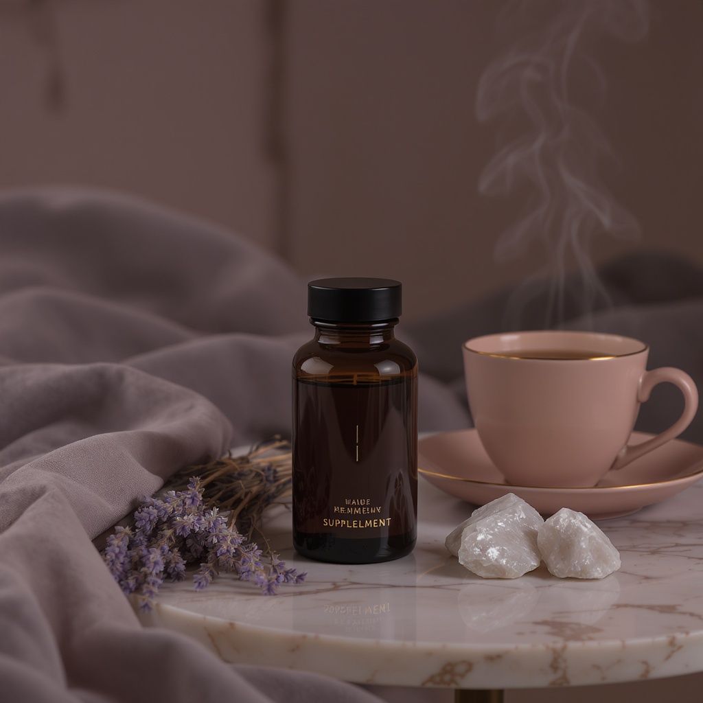 Eterna Femme Sleep & Restoration — elegant wellness products in a serene twilight bedside scene