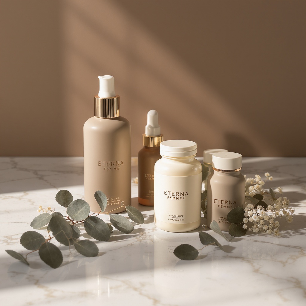 Eterna Femme premium wellness — elegant supplement bottles on marble with botanical elements
