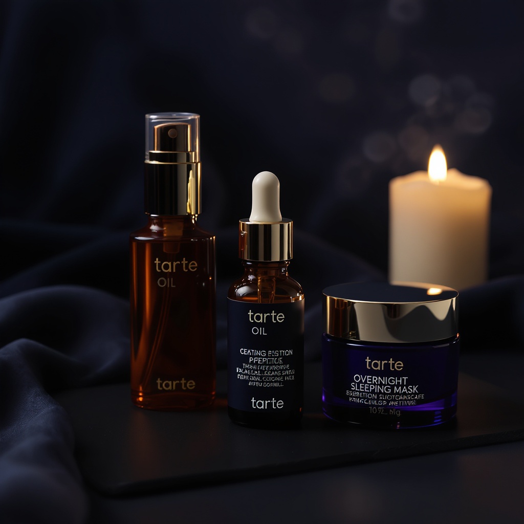 Night Repair Ritual — dark glass oil, peptide serum and sleeping mask, candlelit evening editorial