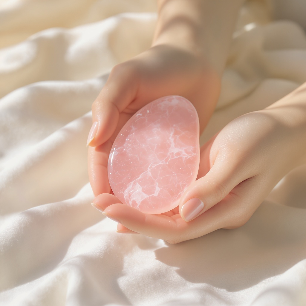 Rose Quartz Gua Sha Stone — elegant hands holding the stone near a lit vanity, soft morning light