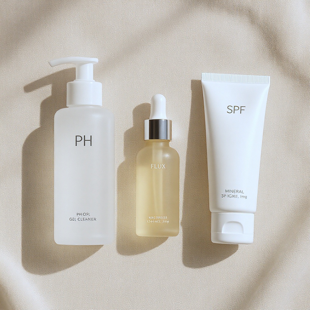 Morning Ritual Kit — three-step skincare set on warm cream linen, soft directional light