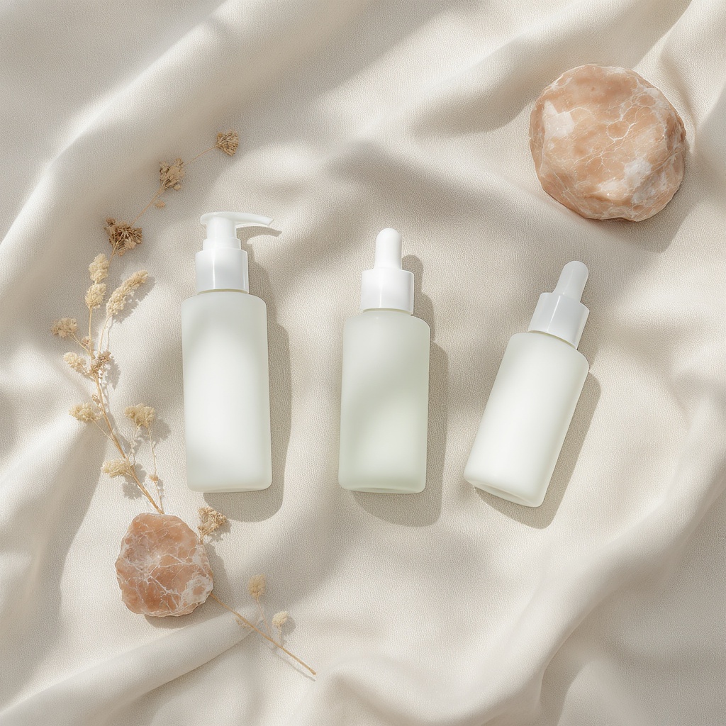 Dewy Essence Mist — glass bottle in a morning skincare routine flat-lay with botanicals