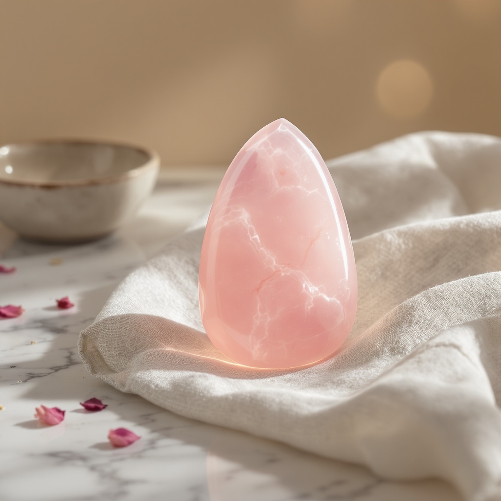 Rose Quartz Gua Sha Stone — on marble surface with undyed linen cloth, natural translucent edges
