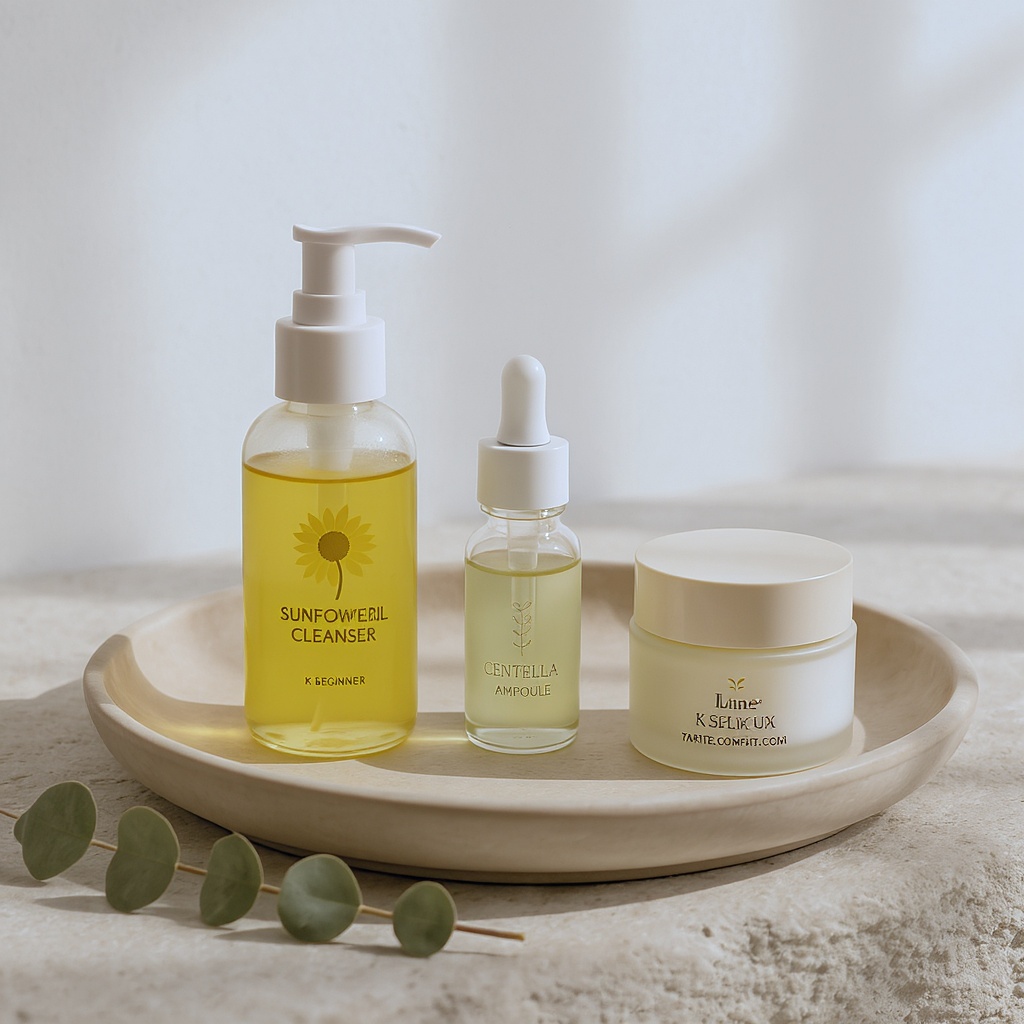 Glow Starter Kit — three starter bottles on beige ceramic tray with eucalyptus, morning light