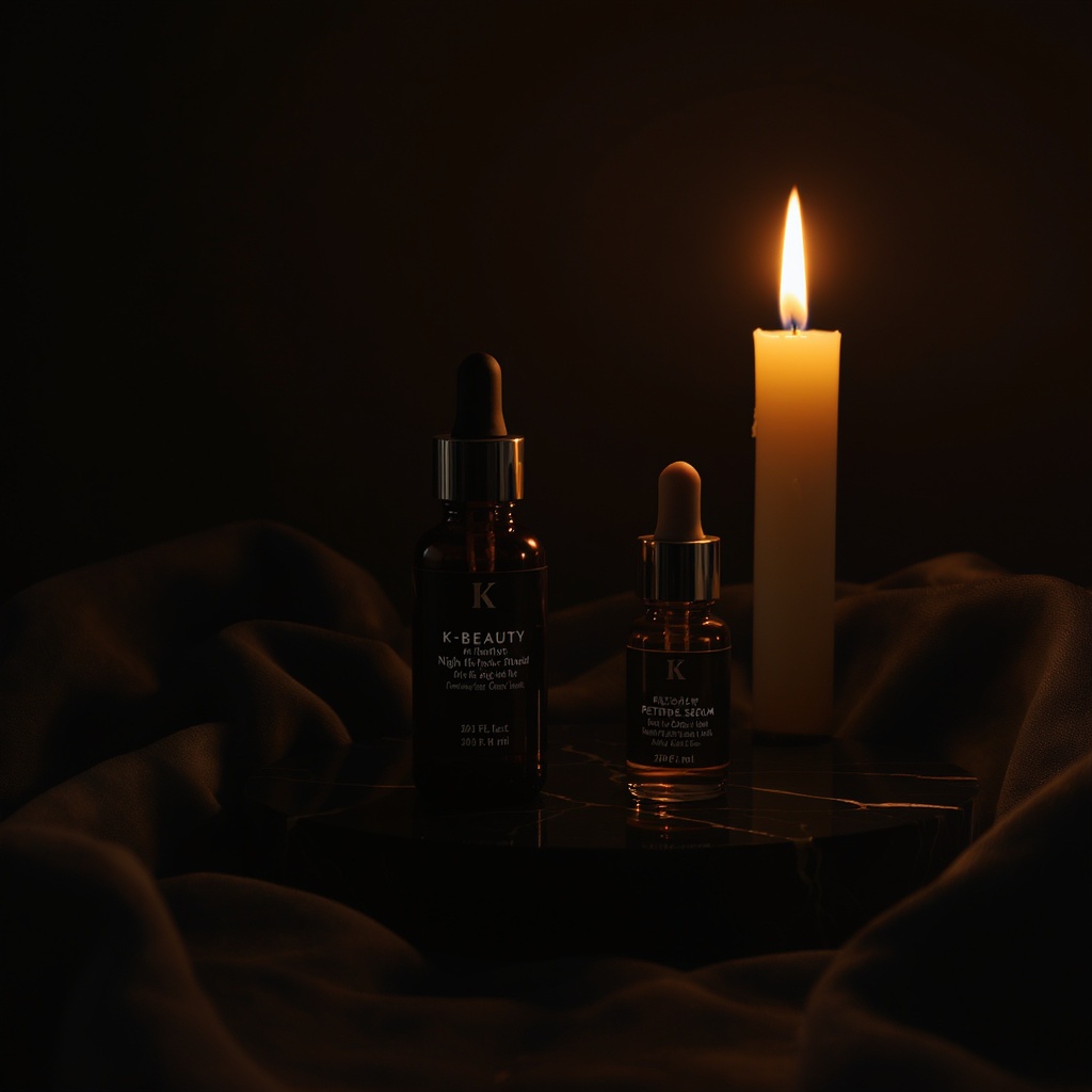 Night Repair Ritual — dark glass oil and serum by candlelight, moody evening editorial