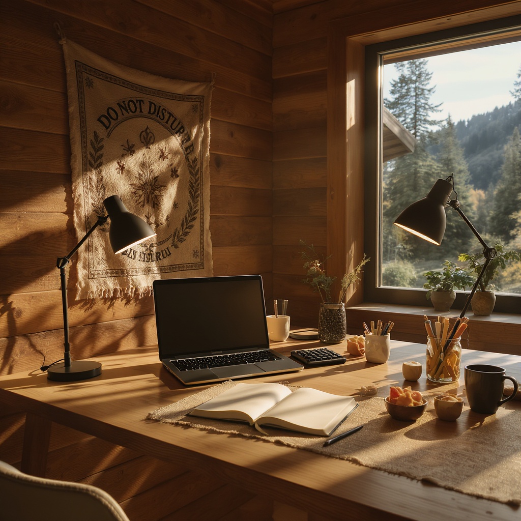 A serene, light-filled creative workspace in a modern mountain cabin