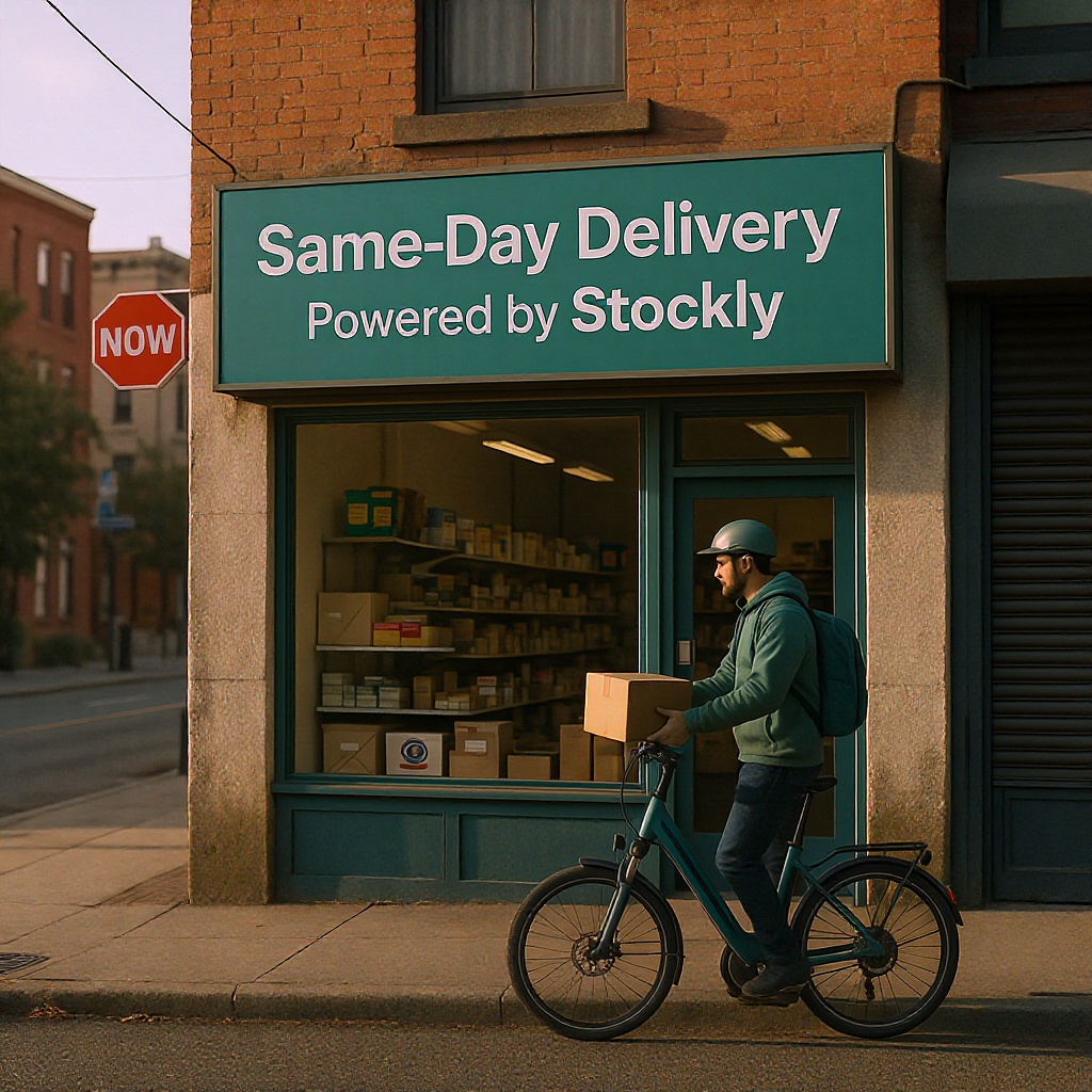 Local retailer storefront with delivery courier