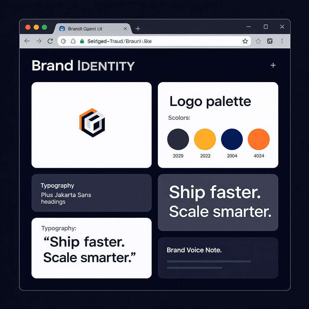 BrandSnap AI — completed brand kit preview showing logo, color palette, fonts, and brand guidelines