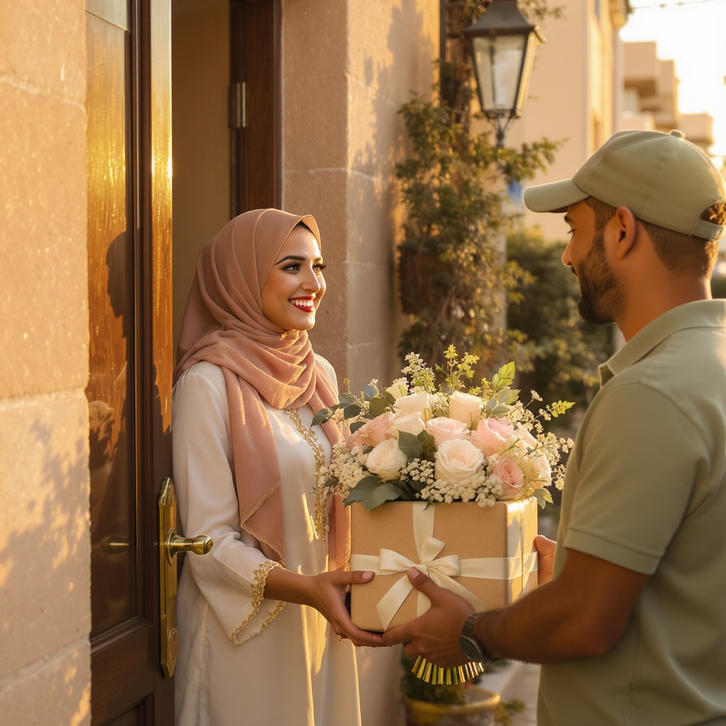 Lebanese family receiving a gift delivery
