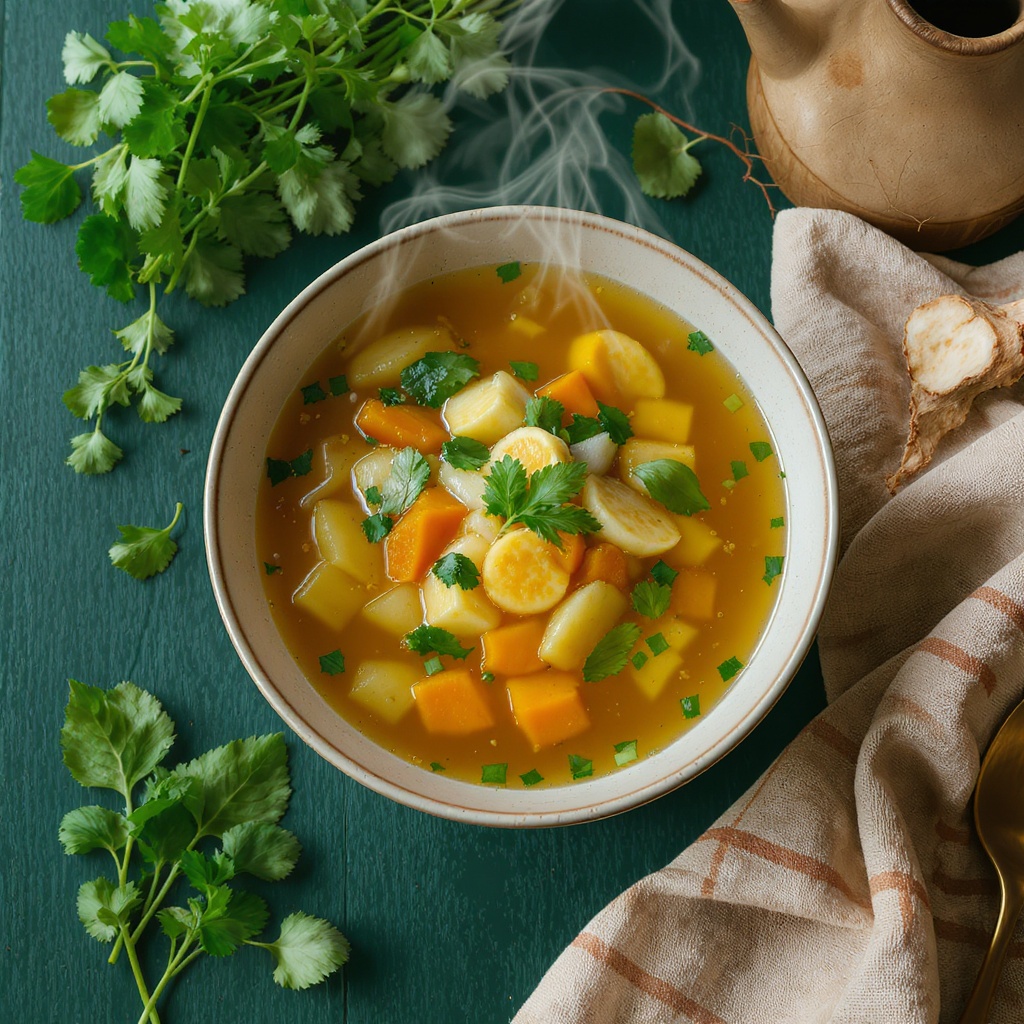Vietnamese wellness soup with fresh herbs and golden broth