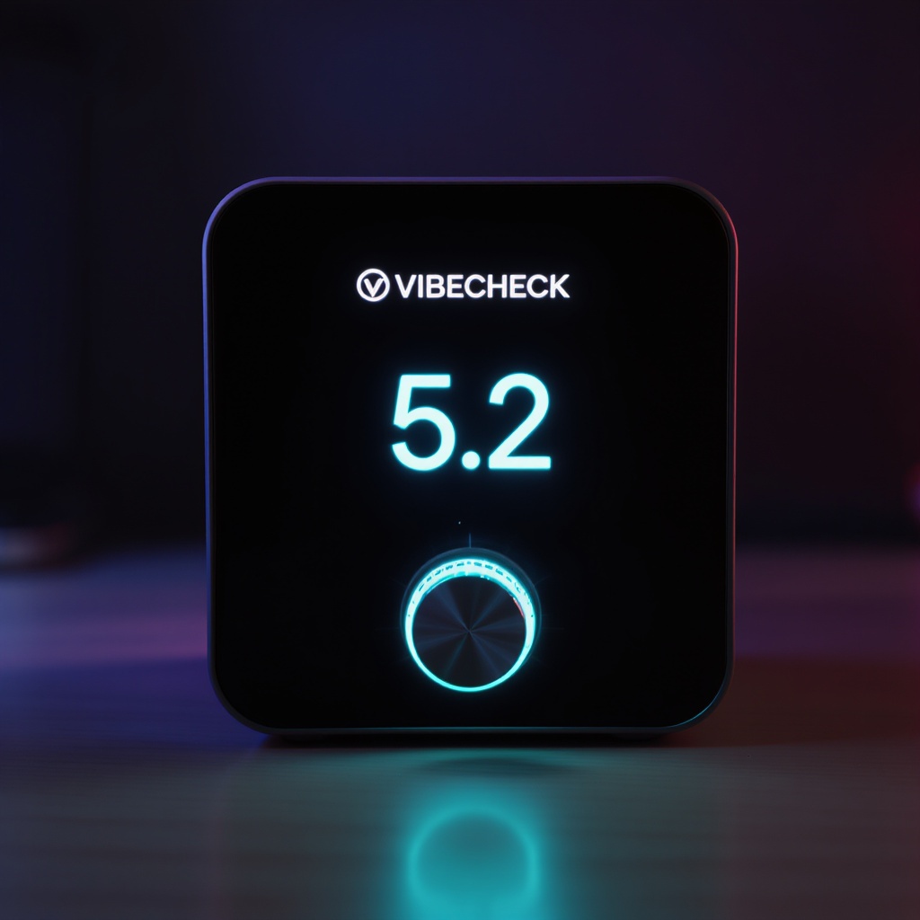 VibeDial — cube device with full face display, rotary knob, and LED ring
