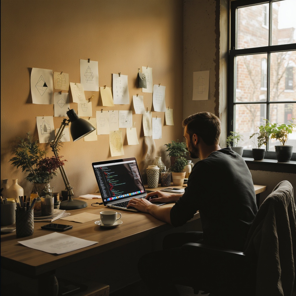 Designer at work in a warm, light-filled studio