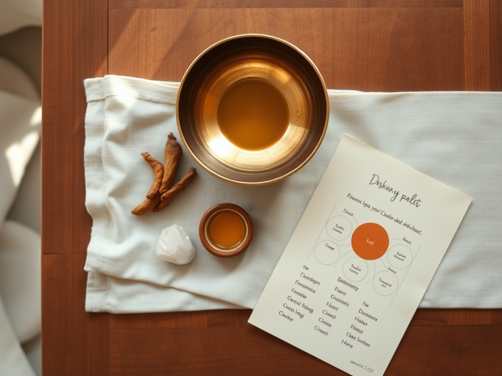 Ayurvedic tools: singing bowl, herbs, ceramics