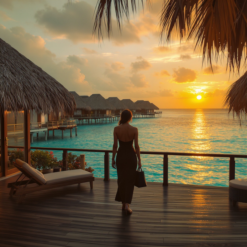 Overwater Maldives villa at golden hour