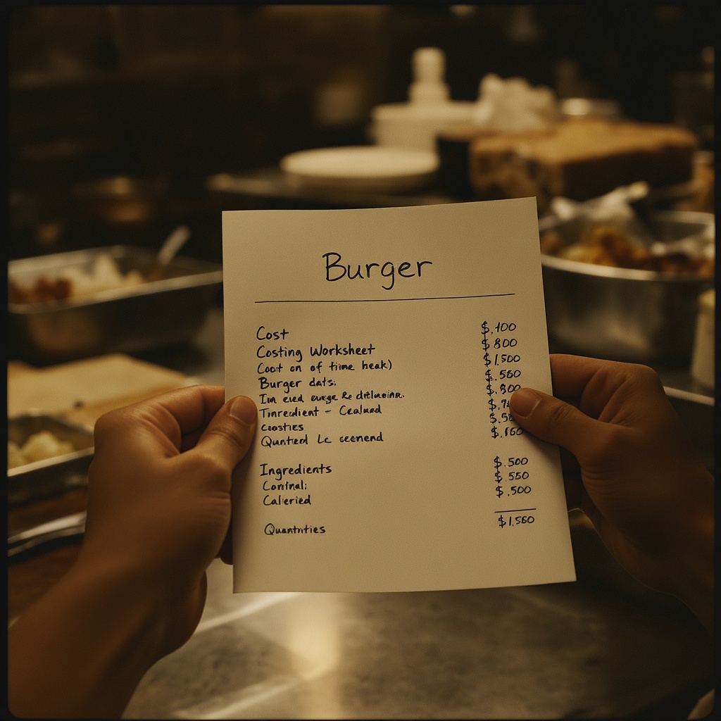 Chef working on recipe costing in a professional kitchen