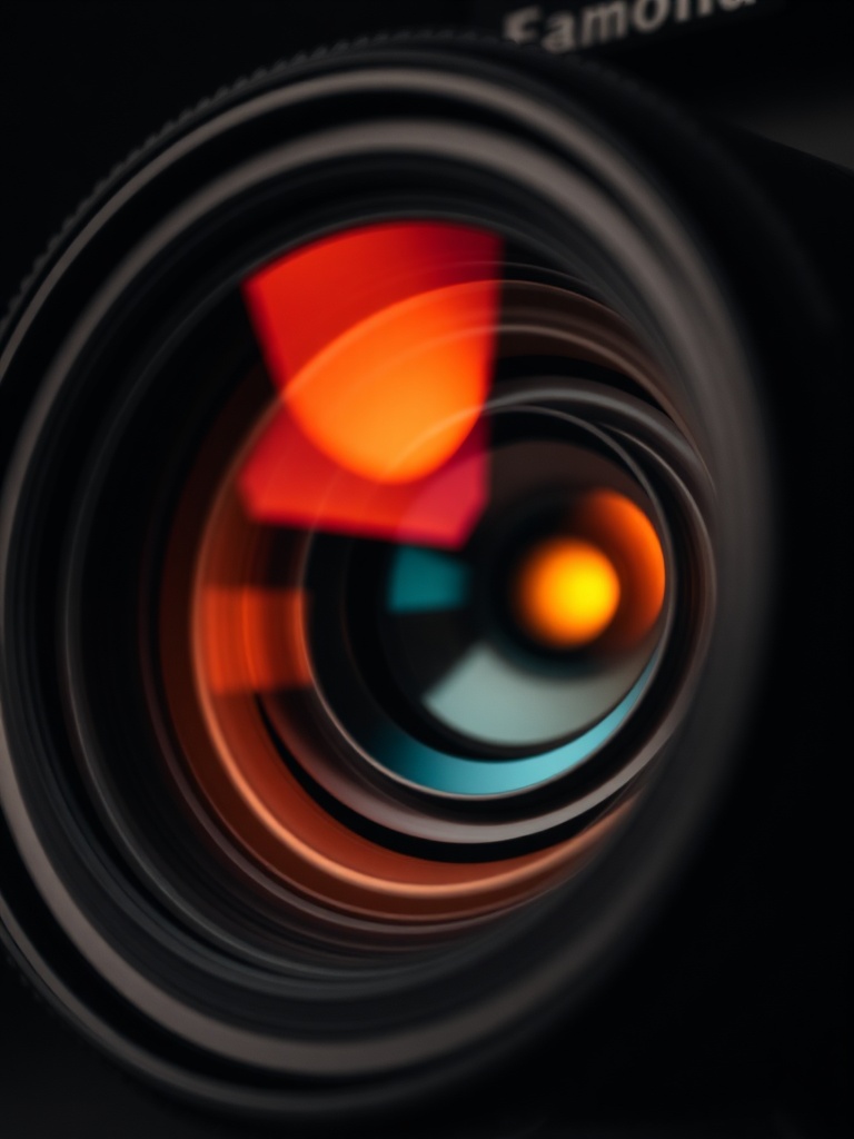 Camera lens catching warm studio light