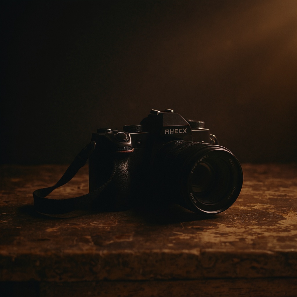 Professional camera on worn wooden surface with amber light