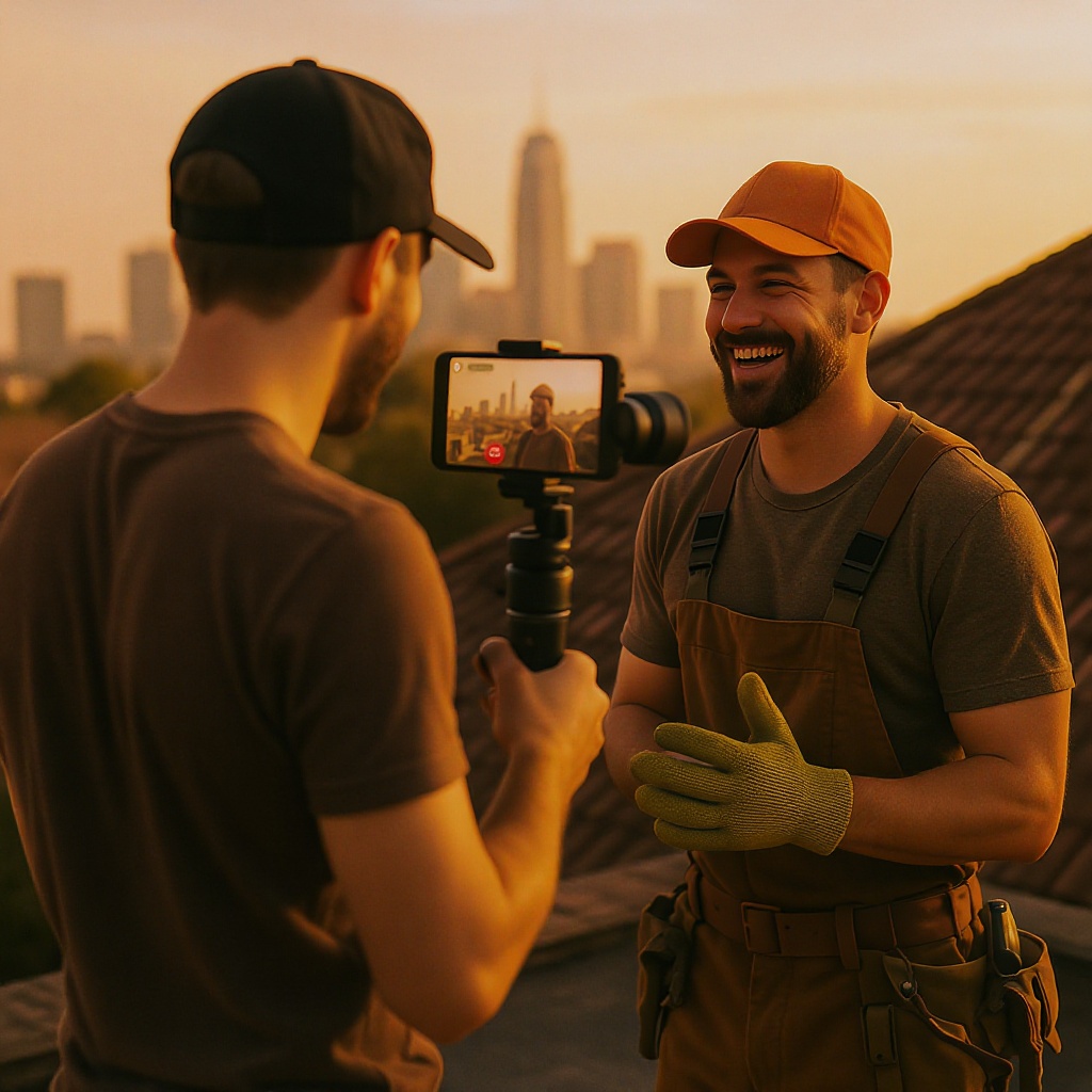Content creator filming a roofer on a residential rooftop at golden hour