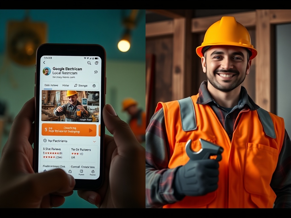 Local electrician's Google Business Profile glowing with reviews on phone