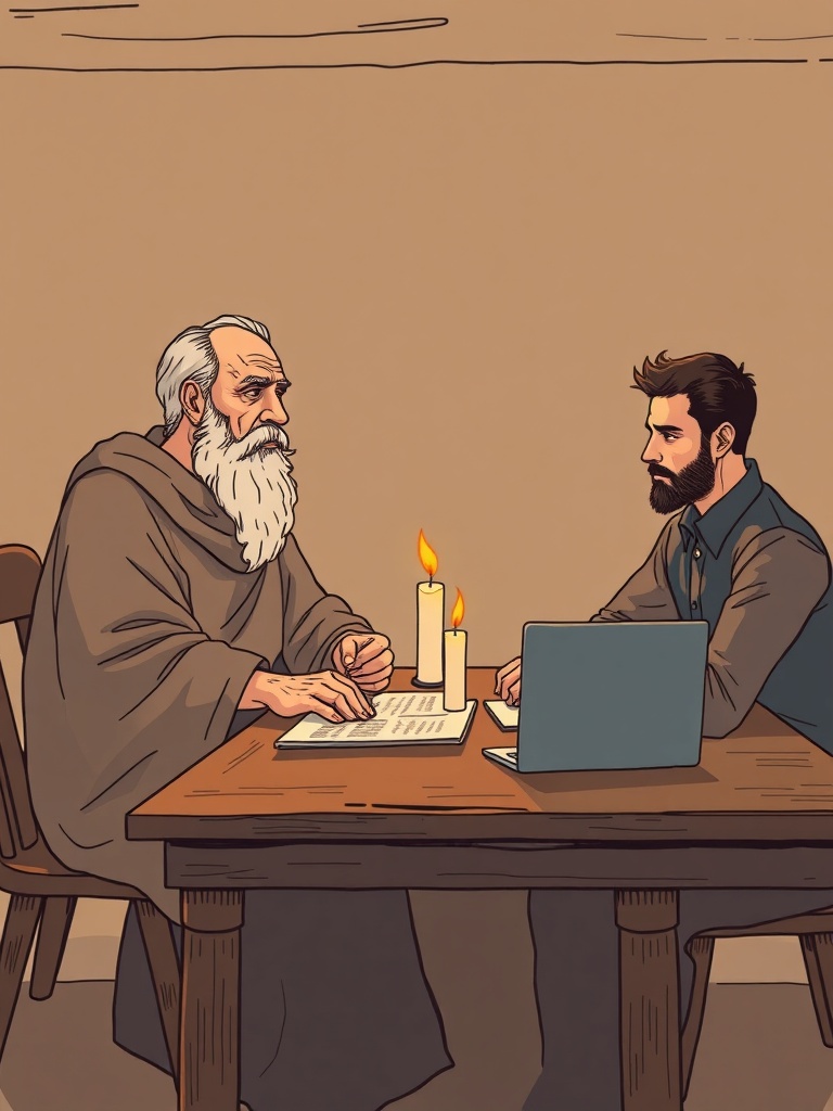 Ancient philosopher in conversation with modern man
