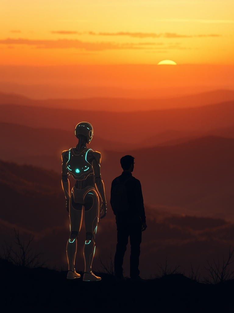 Man at dusk looking out at landscape with companion