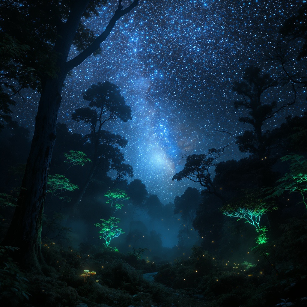 A forest clearing opens to reveal the cosmos — trees at the edge of light giving way to starfield and nebula