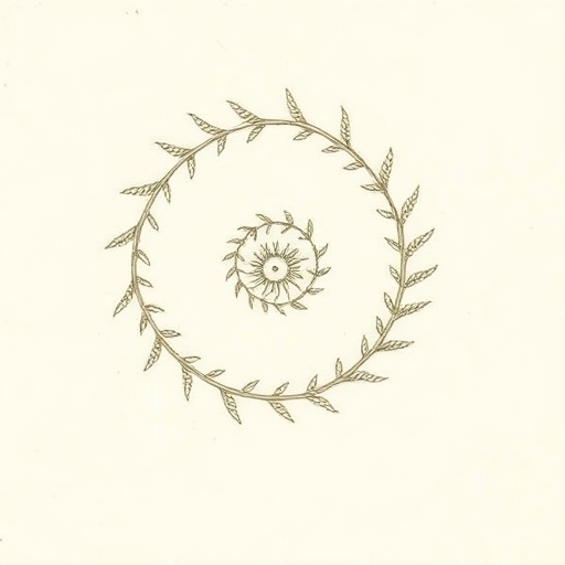 Fern spiral — ink drawing of a fern frond revealing the mathematical geometry at the heart of living things