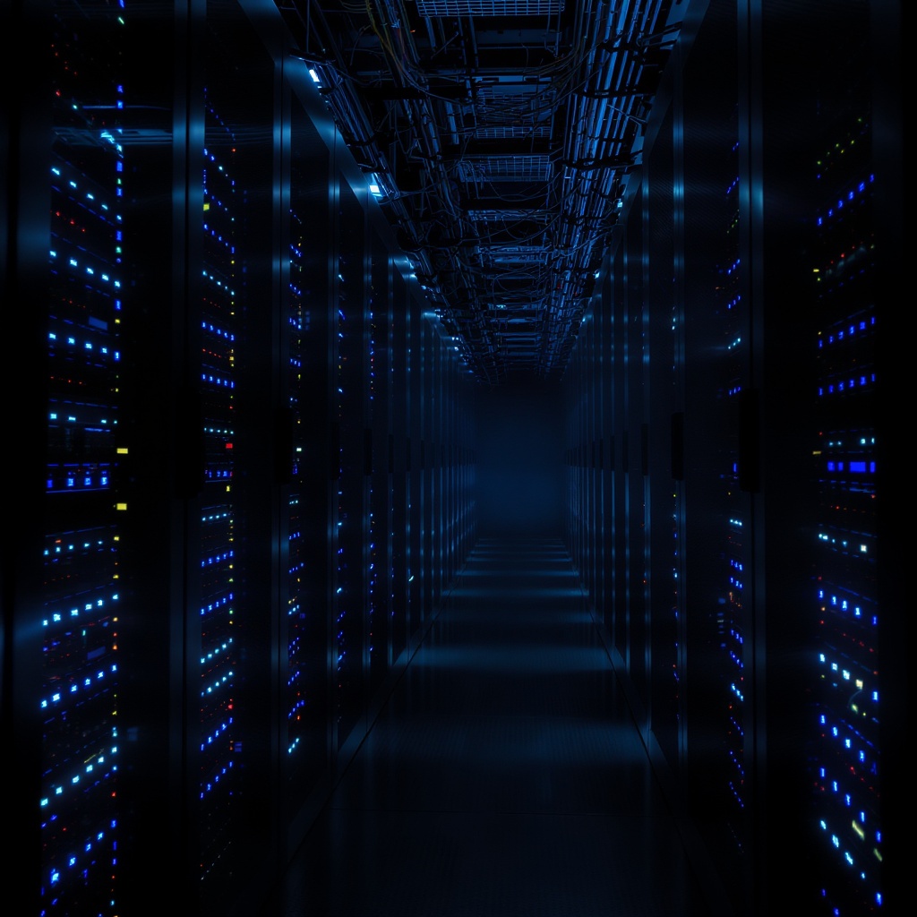 Rows of illuminated server racks in a dark datacenter