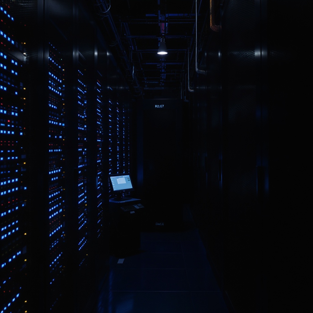 Datacenter aisle — R2-C7 rack with blue LED lighting